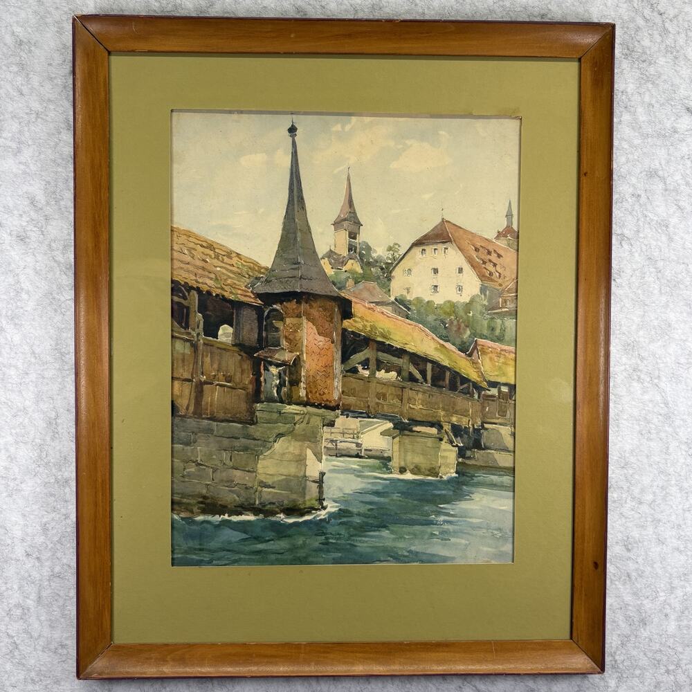 Vintage Nicolas Markovitch MARS Lucerne Spreuer Bridge Pochoir Watercolor Art
